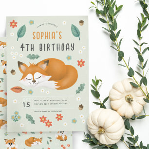 Girls Cute Woodland Forest Fox 4th Birthday Invitation