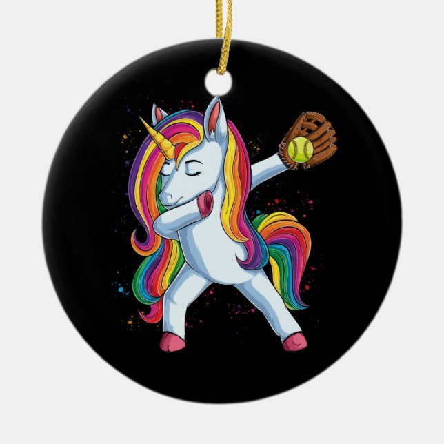 Girls Dabbing Softball Unicorn Apparel Sport Ceramic Tree Decoration (Front)