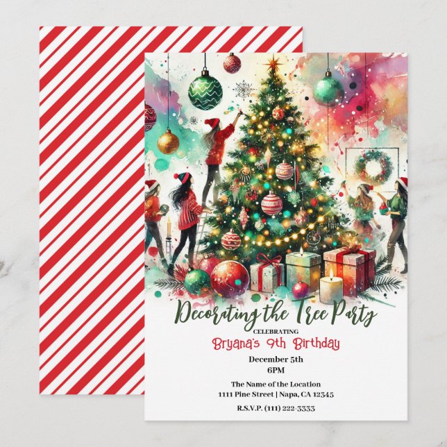 Girls Decorating the Tree Holiday Party Invitation (Front/Back)