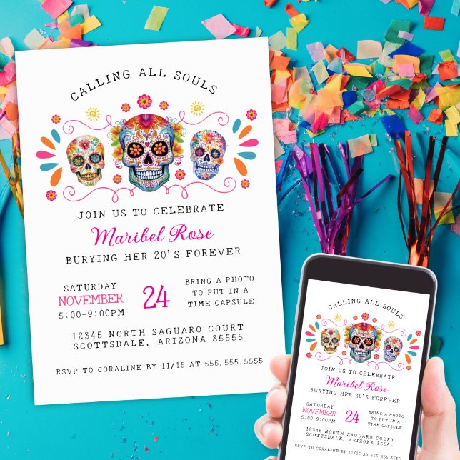 Girls Dia de los Muertos Skull Birthday Party Invitation (colorful dia de los muertos party invitation for milestone birthday party for her 21 30 40 50 or 60)