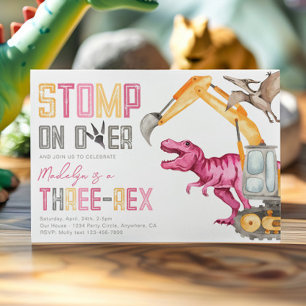 Girl's Dino Construction 3rd Birthday Invitation