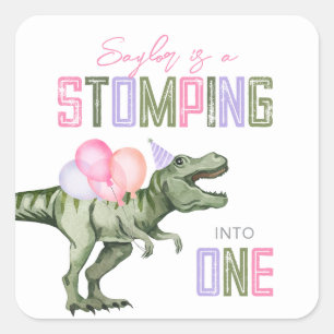 Girl's Dino First Birthday Party Stickers 