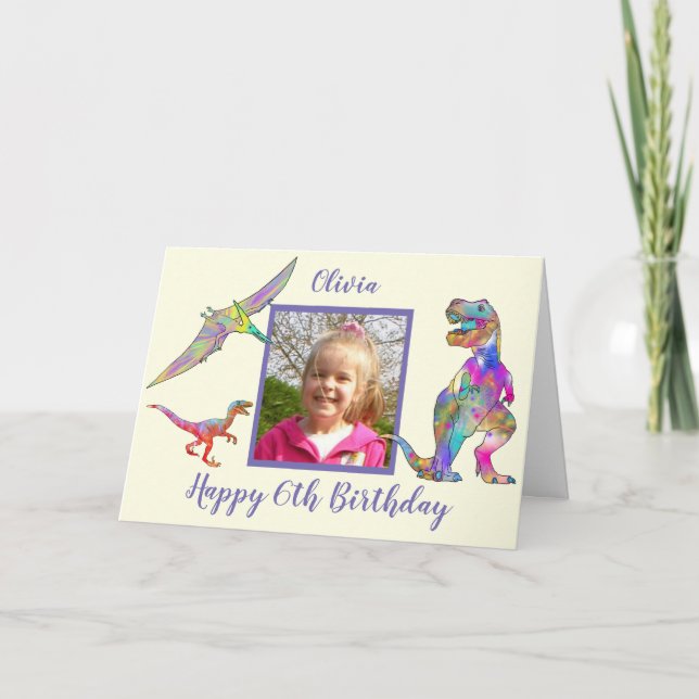 Girls Dinosaur 6th Birthday Add Name & Photo Card (Front)