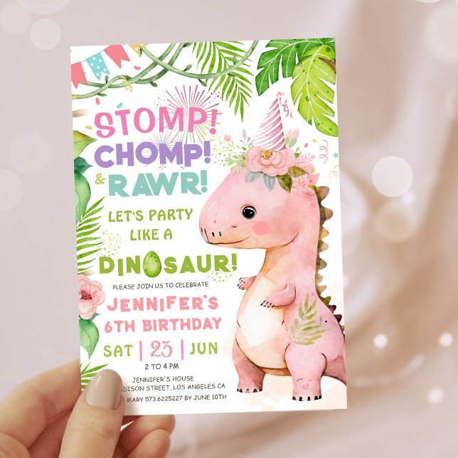Girls Dinosaur 6th Birthday Party Cute Pink Dino Invitation (Creator Uploaded)