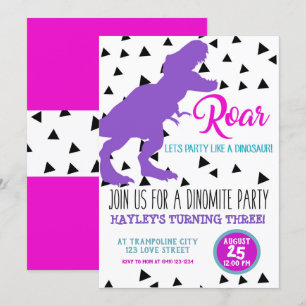 Girls Dinosaur Birthday Kids Invitations