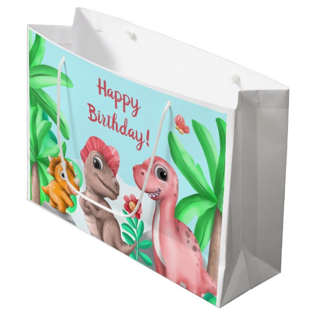 Girl's Dinosaur Birthday Large Gift Bag (Front Angled)
