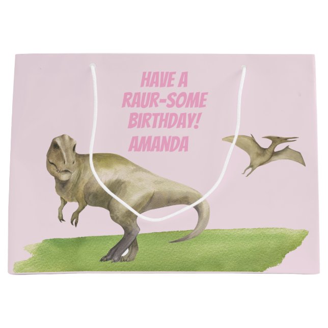 Girls Dinosaur Birthday  Large Gift Bag (Front)