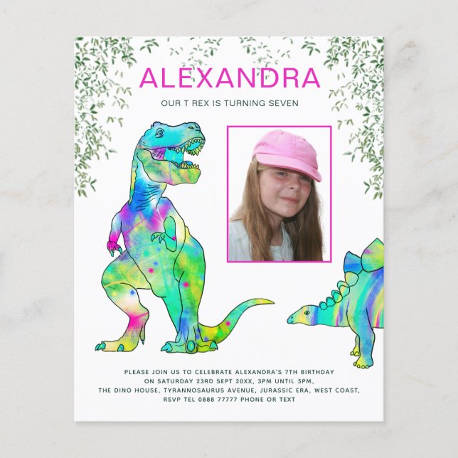 Girls Dinosaur Birthday Party Budget Invitation Flyer (Front)