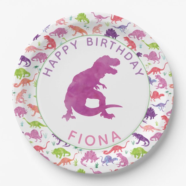 Girls Dinosaur Birthday Party Personalised Purple Paper Plate (Front)