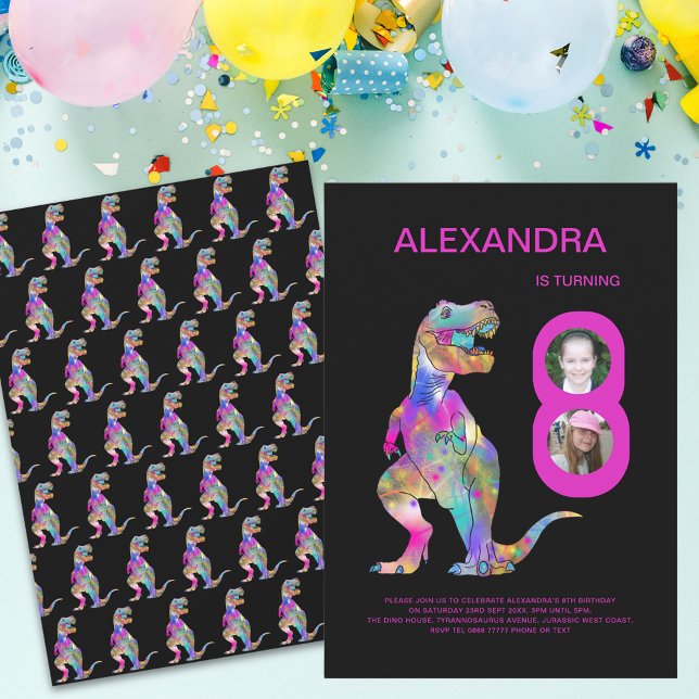 Girls Dinosaur Birthday Party Pink  Invitation (Colorful Dinosaur T-Rex girls 8th birthday party pink and black invitation)