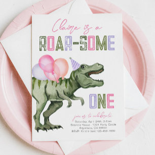 Girl's Dinosaur First Birthday Invitation
