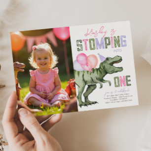 Girl's Dinosaur First Birthday Invitation