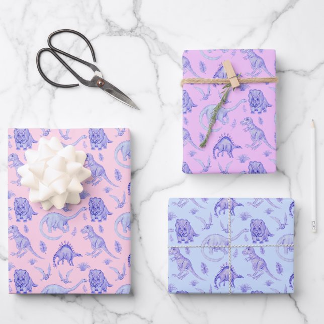 Girls Dinosaur Gift Wrap In Three Colours (Front)