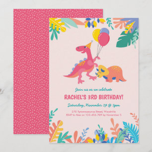 Girls Dinosaur Party Birthday Invitation - Pink