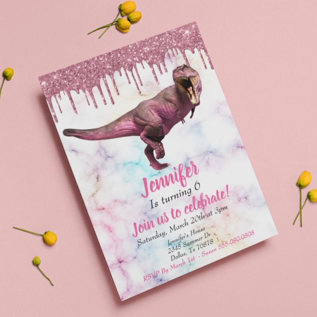 Girl's Dinosaur Pink Glitter Tyrannosaurus Invitation (Creator Uploaded)