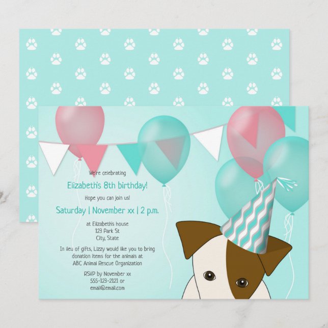 girls dog themed birthday party teal pink balloons invitation (Front/Back)