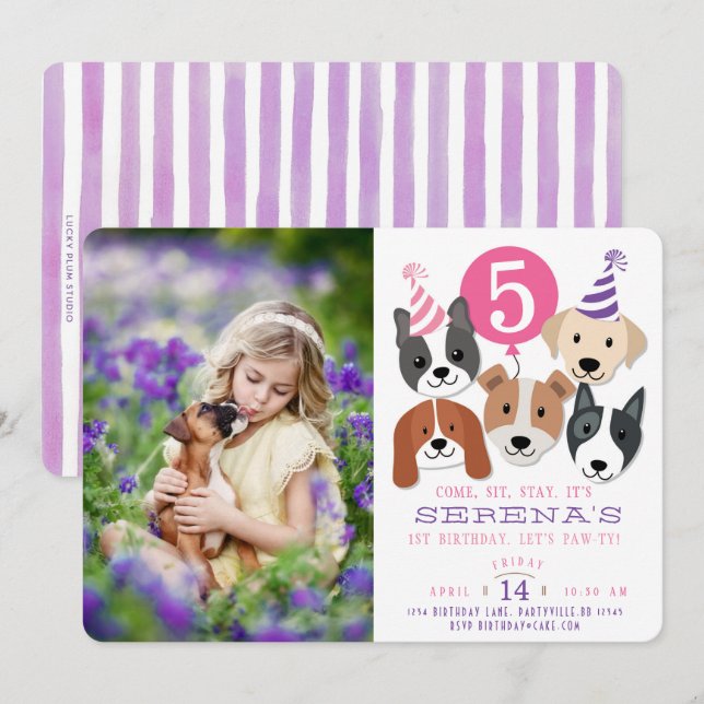Girl's Dogs and Pink Balloon Photo Birthday Invite (Front/Back)
