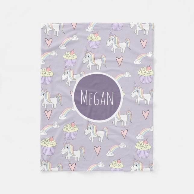 Girl's Doodle Unicorn Pattern Name Children's Fleece Blanket (Front)