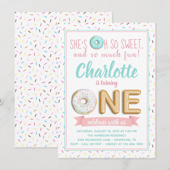 Girls Doughnut Foil Balloon 1st Birthday Party Invitation (Front/Back)