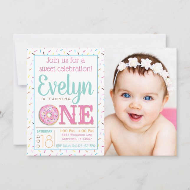 Girls Doughnut Photo 1st Birthday Party Invitation (Front)