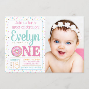 Girls Doughnut Photo First Birthday Party Invitation