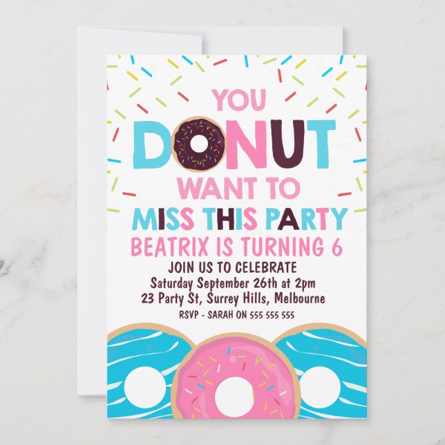 Girls Doughnut Want To Miss Party Birthday Invitation (Front)