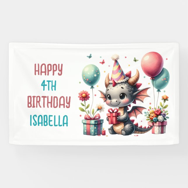 Girl's Dragon Themed Birthday Party Banner (Horizontal)