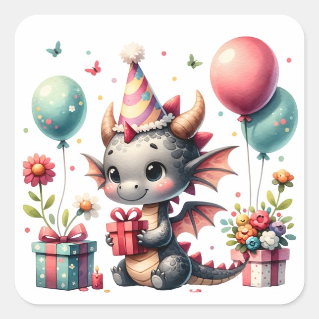 Girl's Dragon Themed Birthday Party Square Sticker (Front)