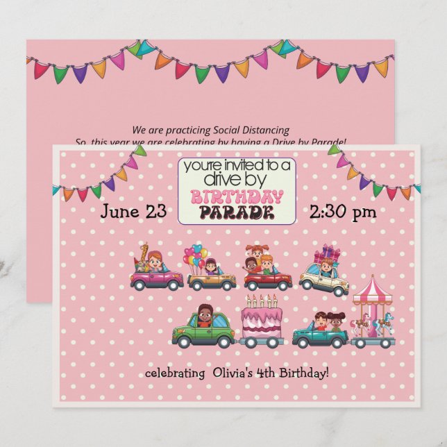 Girl's Drive By Birthday Parade Invitation (Front/Back)