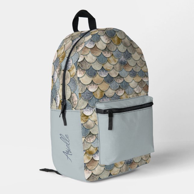 Girl's Dusty Blue and Gold Mermaid Scales Printed Backpack (Back Corner Left)