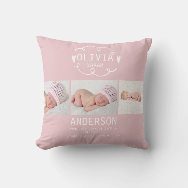 Girls Dusty Pink Photo Birth Announcement Cushion (Front)