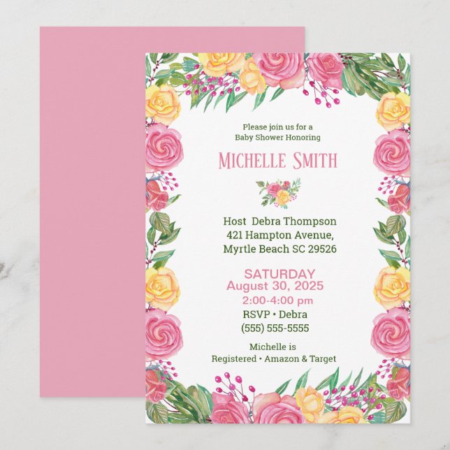 Girls Elegant Pink Yellow Roses  Baby Shower     Invitation (Front/Back)