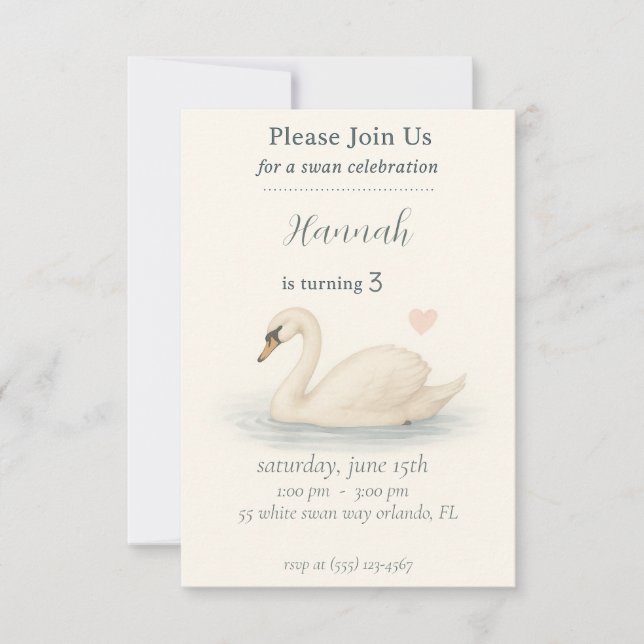 Girl's Elegant swan princess birthday  Invitation (Front)