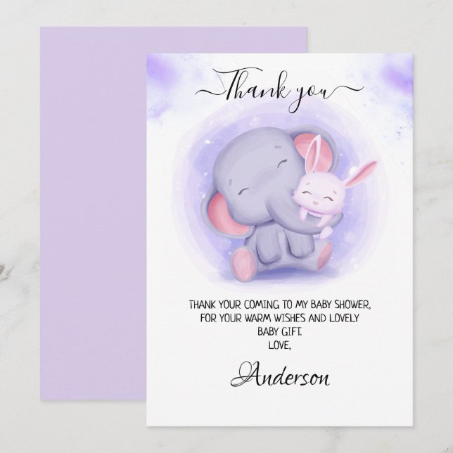 Girl's Elephant and Baby Rabbit Baby Shower Thank You Card (Front/Back)