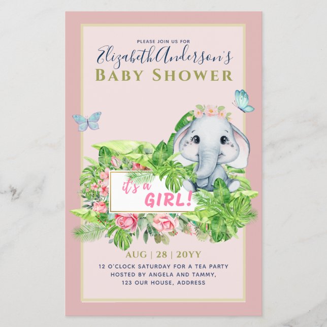 Girl's Elephant Baby Shower Gender Reveal Invites Flyer (Front)