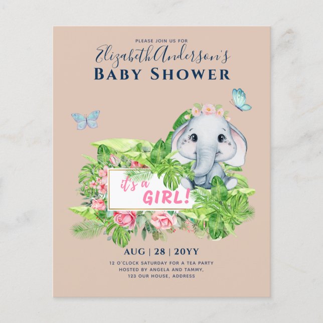 Girl's Elephant Baby Shower Gender Reveal Invites Flyer (Front)