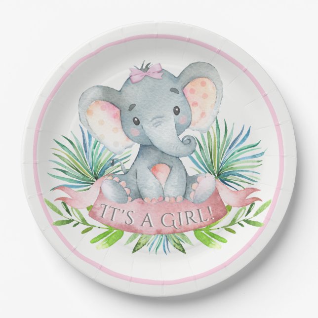 Girls Elephant Baby Shower Paper Plates (Front)