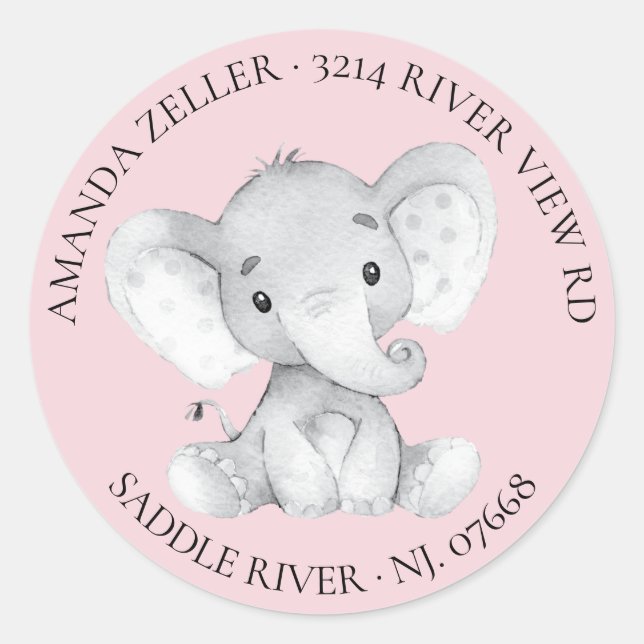 Girls Elephant Baby Shower Return Address Label (Front)