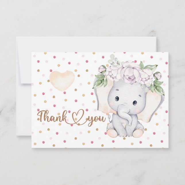 Girls elephant baby shower thank you card (Front)
