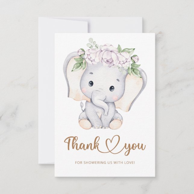 Girls elephant baby shower thank you card (Front)