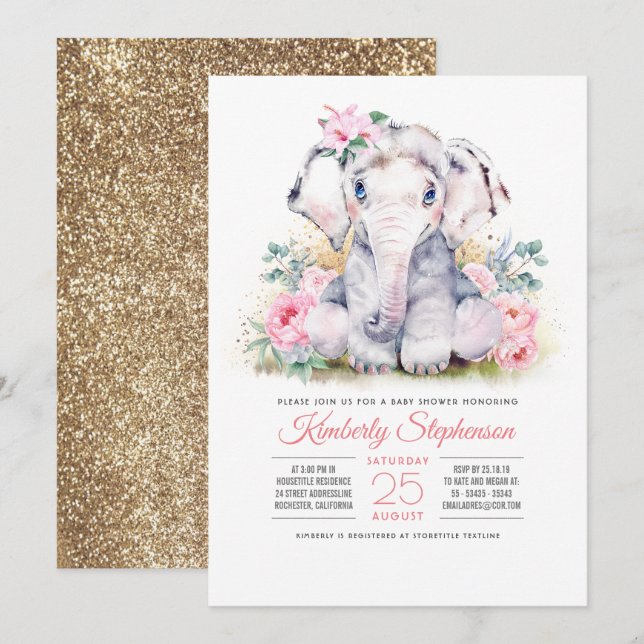 Girls Elephant Floral Baby Shower Invitation (Front/Back)
