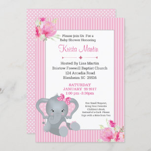 Girls  Elephant Floral Bring a Book Baby Shower Invitation