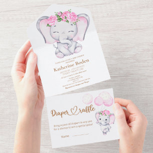 Girl's Elephant & Flower All In One Invitation