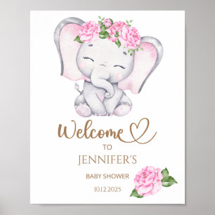 Girl's Elephant & Flower Baby Shower Welcome Poster