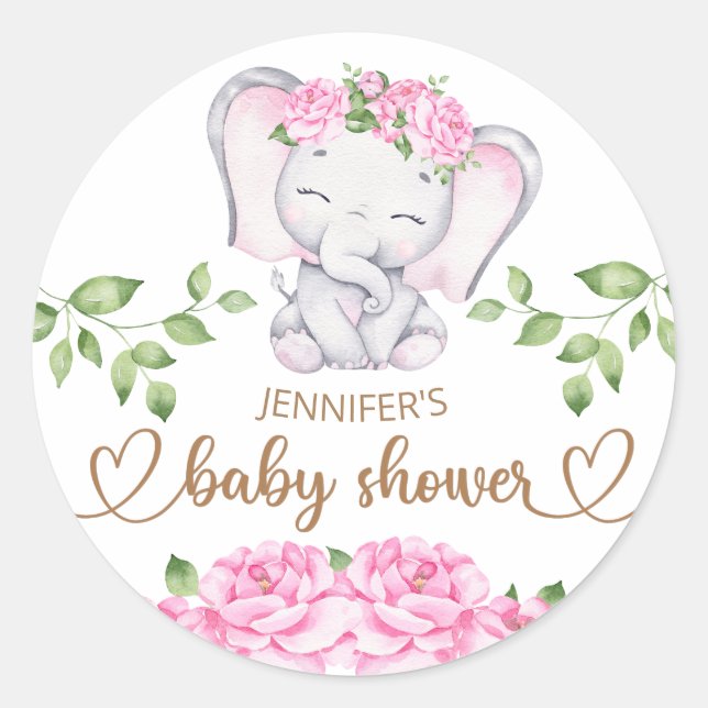 Girl's Elephant & Flower Watercolor Baby Shower  Classic Round Sticker (Front)