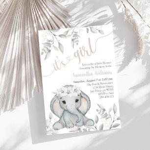 Girl's Elephant & Flower Watercolor Baby Shower Invitation