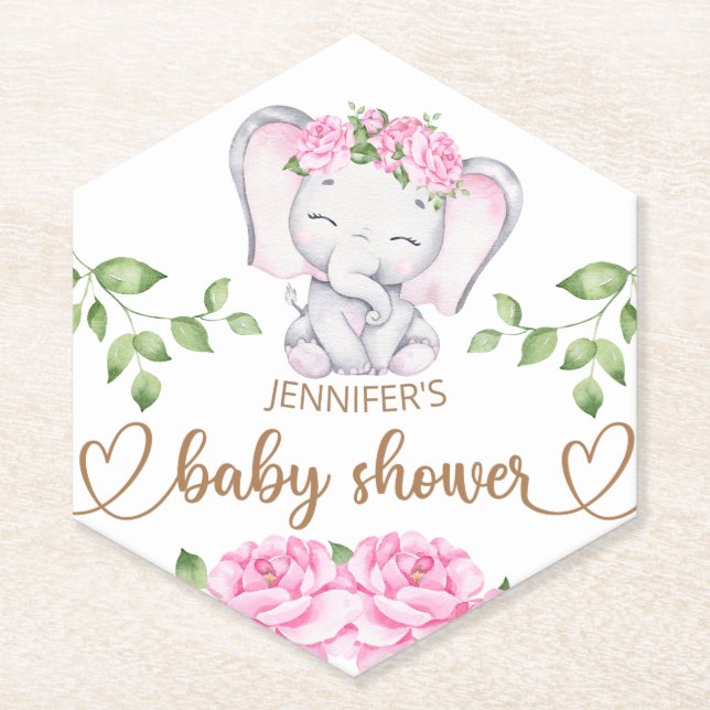 Girl's Elephant & Flower Watercolor Baby Shower Paper Coaster (Front)