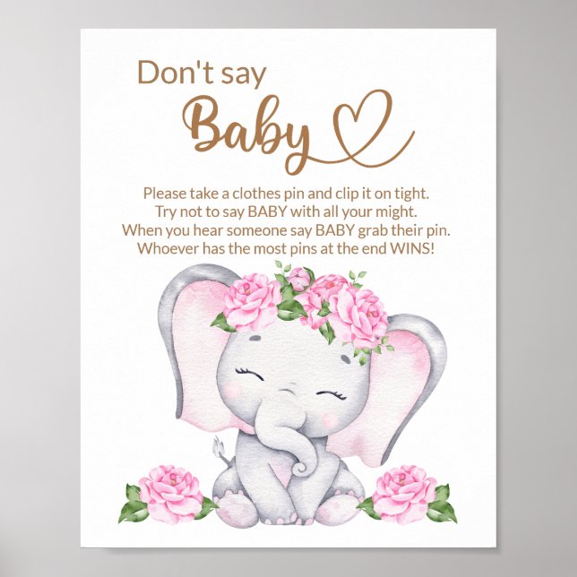Girl's Elephant & Flower Watercolor Baby Shower Poster (Front)