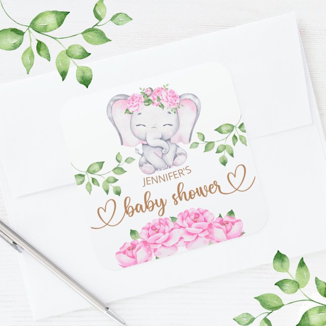 Girl's Elephant & Flower Watercolor Baby Shower  Square Sticker (Creator Uploaded)
