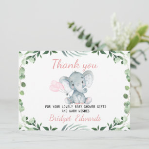 Girls Elephant Foliage Thank You Baby Shower Card